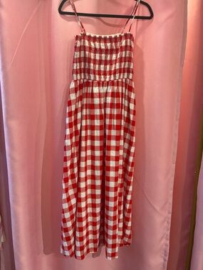 LOFT Red and White Gingham Smocked Maxi dress- Sz 8
